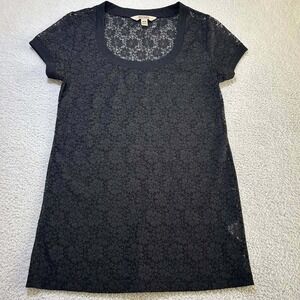 Decree Womens M Black Floral Lace Sheer Short Sleeve Top Shirt Layering Tee Y2K